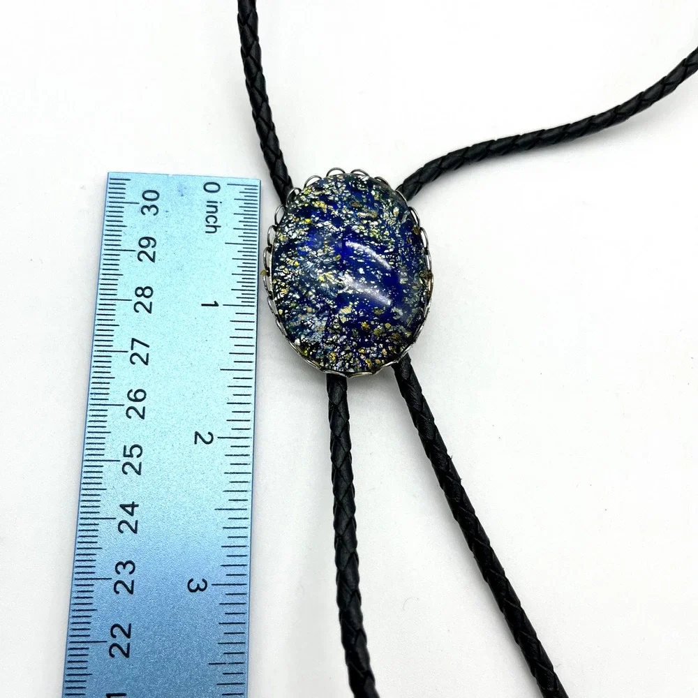 Bolo Tie Blue Gold Resin Stone Braided Leather Cord Western Cowboy Necklace‎